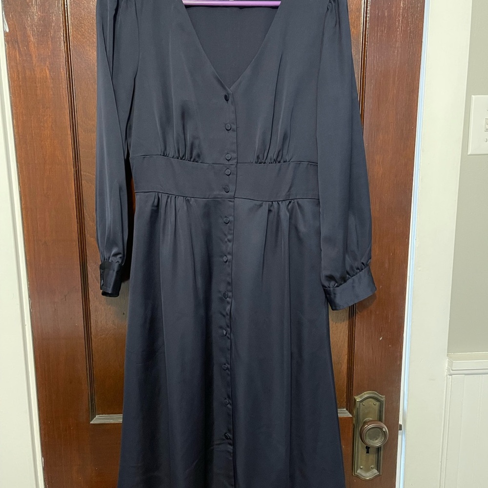 J. Crew Navy Satin Button-Down Front Midi Dress